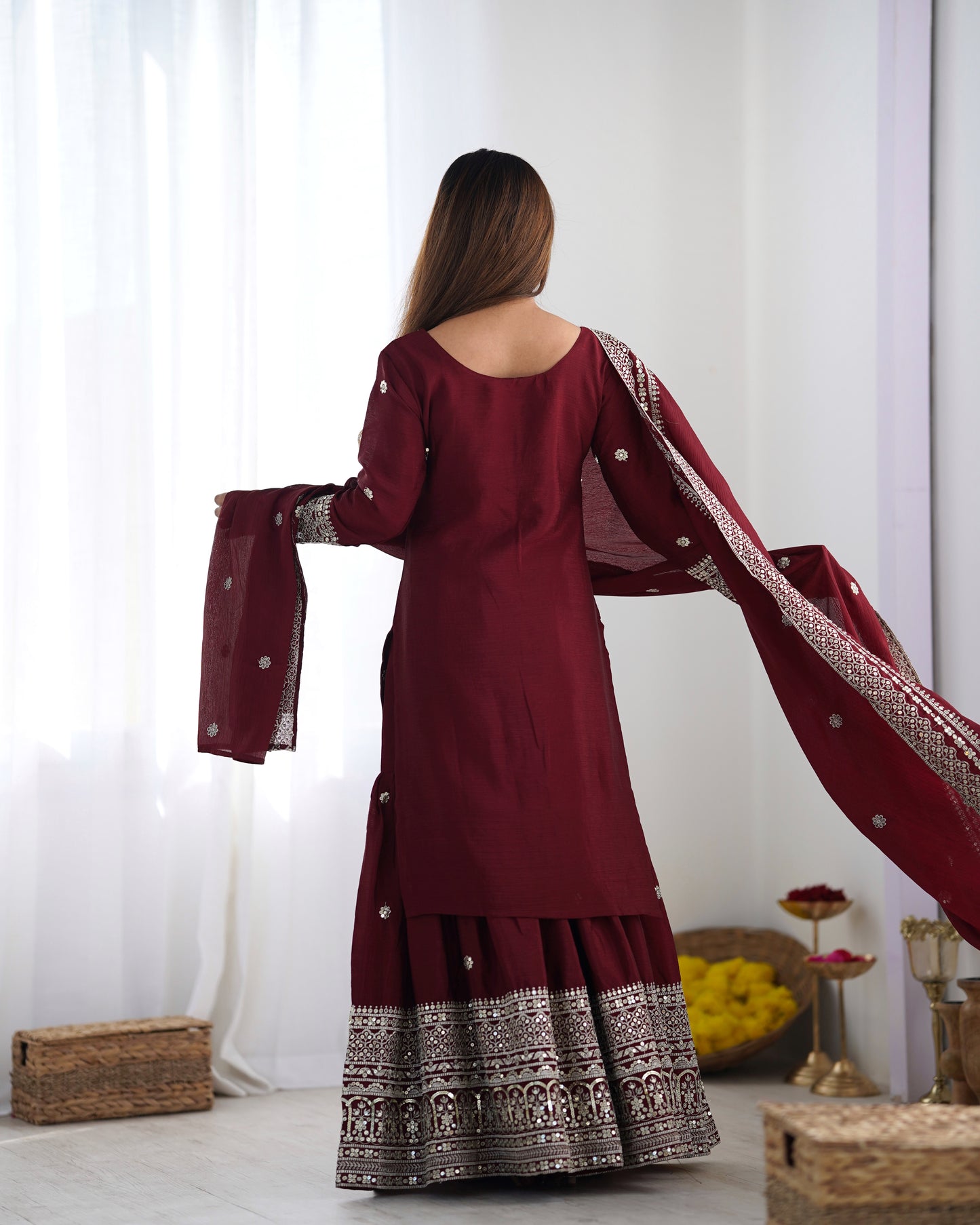 Magnificent Chinon Silk Sequins Embroidered Top Sharara Suit