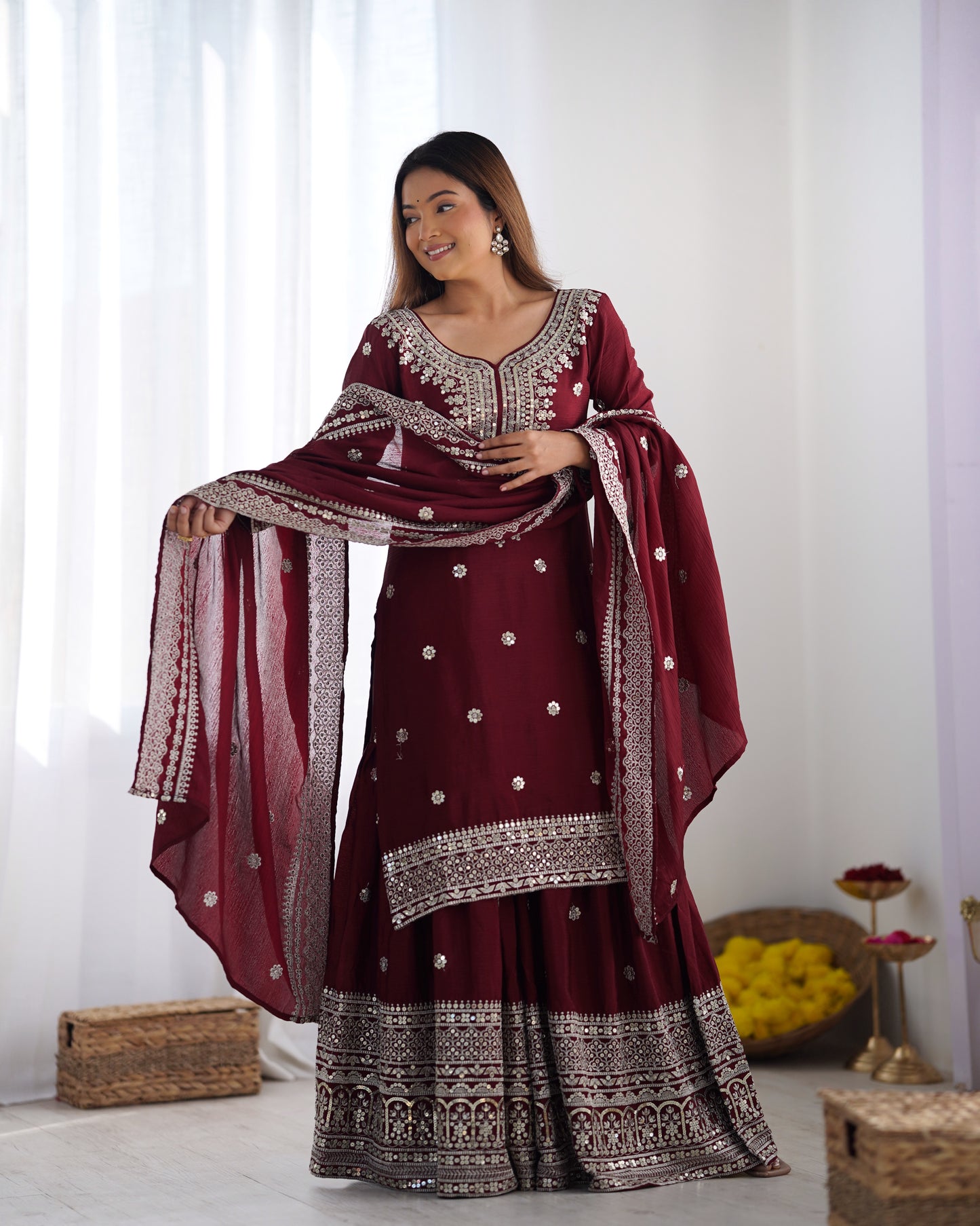 Magnificent Chinon Silk Sequins Embroidered Top Sharara Suit