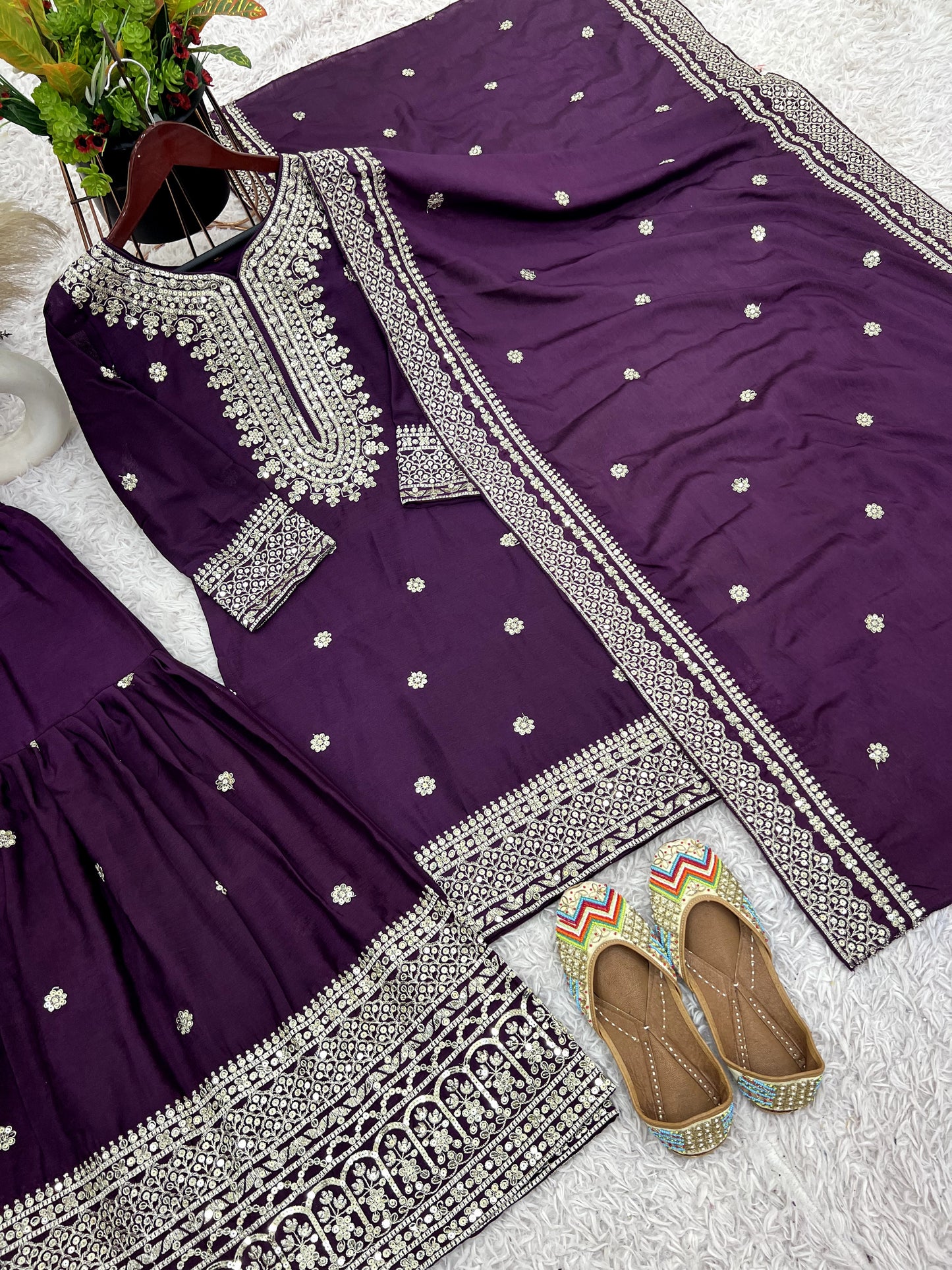 Magnificent Chinon Silk Sequins Embroidered Top Sharara Suit