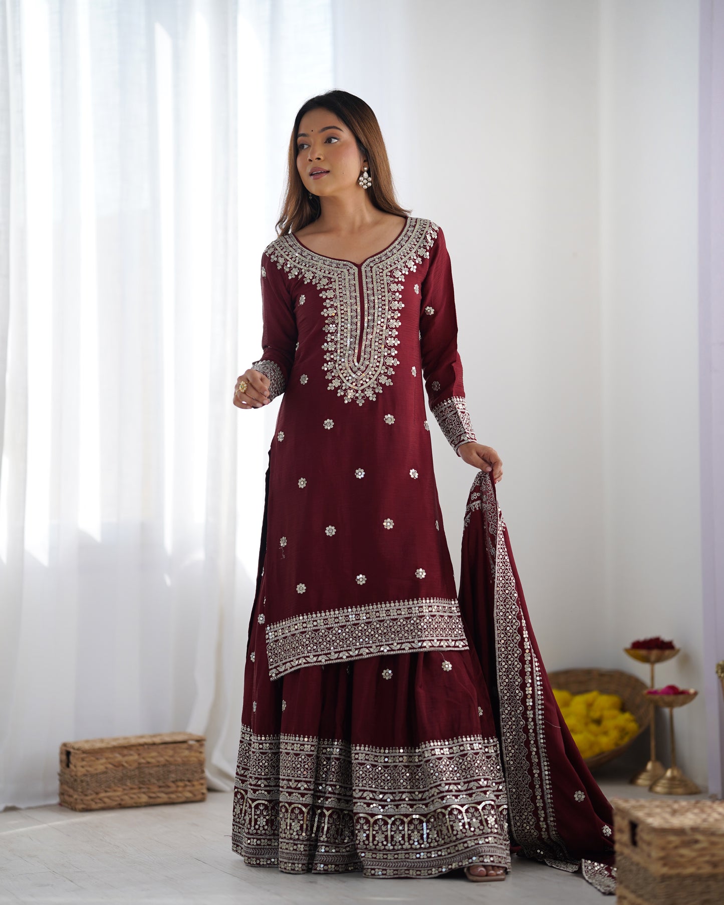 Magnificent Chinon Silk Sequins Embroidered Top Sharara Suit