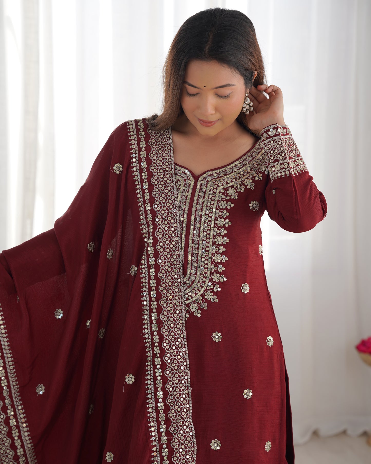 Magnificent Chinon Silk Sequins Embroidered Top Sharara Suit