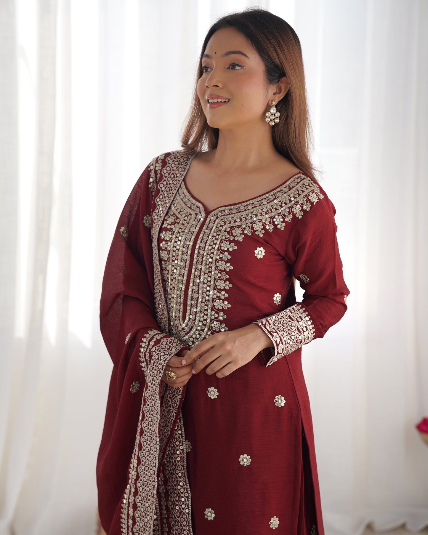 Magnificent Chinon Silk Sequins Embroidered Top Sharara Suit