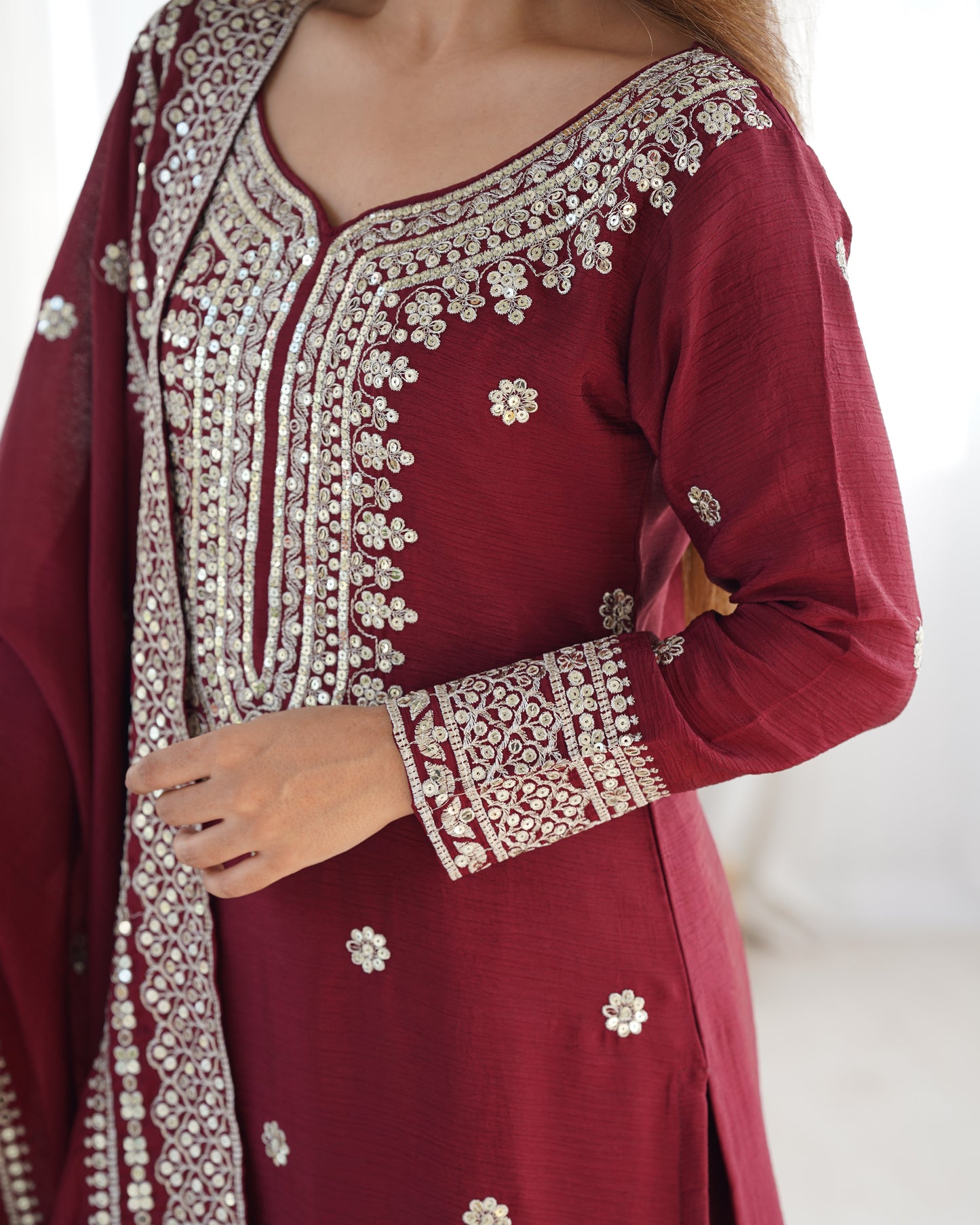 Magnificent Chinon Silk Sequins Embroidered Top Sharara Suit