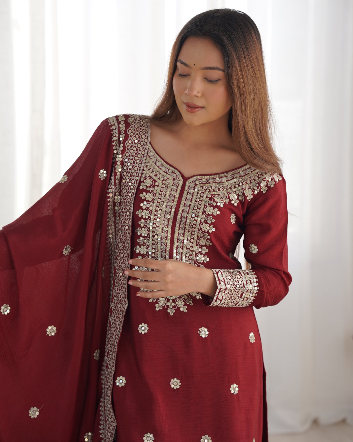 Magnificent Chinon Silk Sequins Embroidered Top Sharara Suit