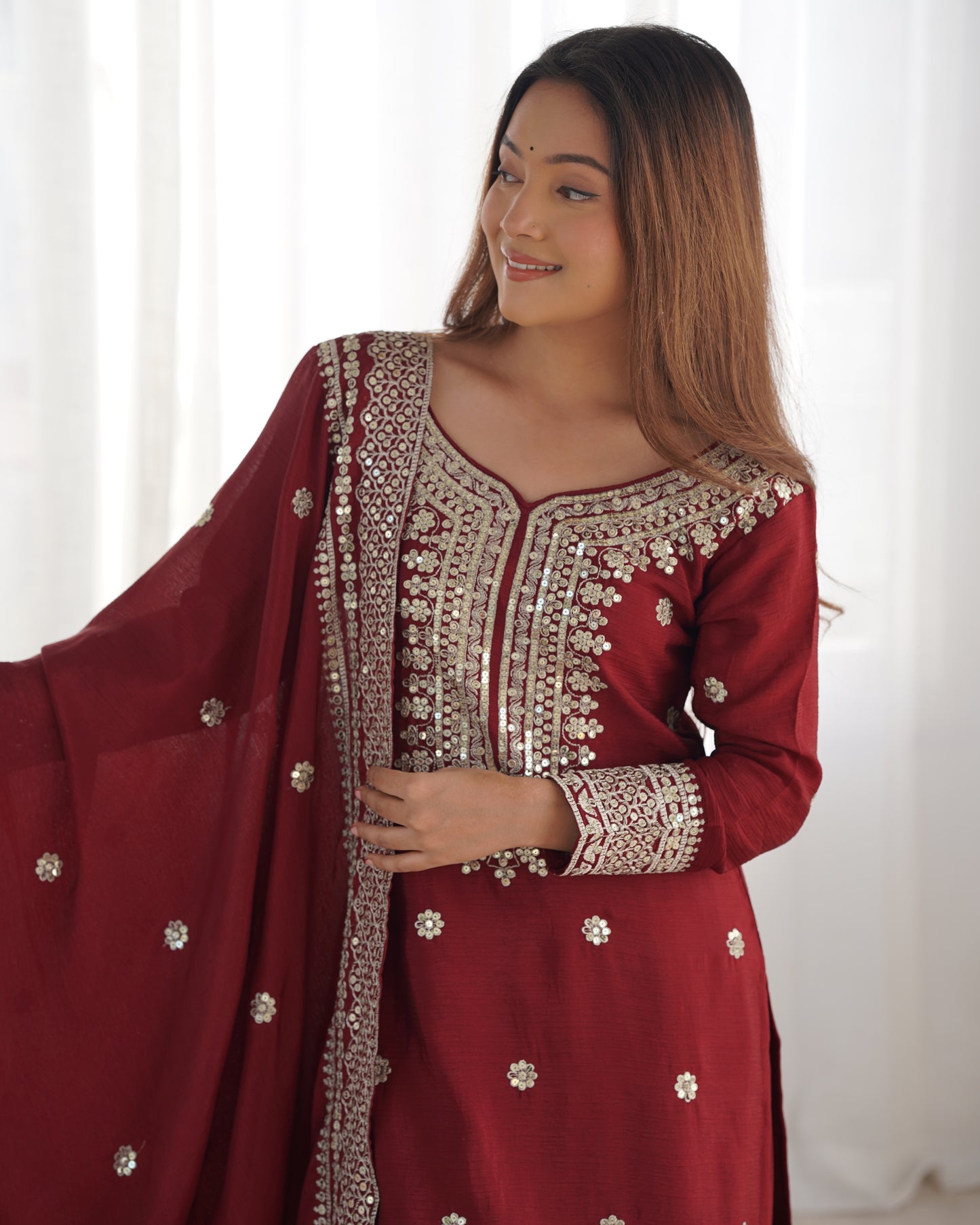 Magnificent Chinon Silk Sequins Embroidered Top Sharara Suit