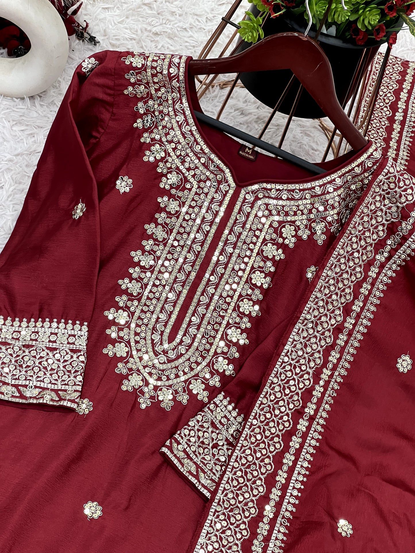 Magnificent Chinon Silk Sequins Embroidered Top Sharara Suit