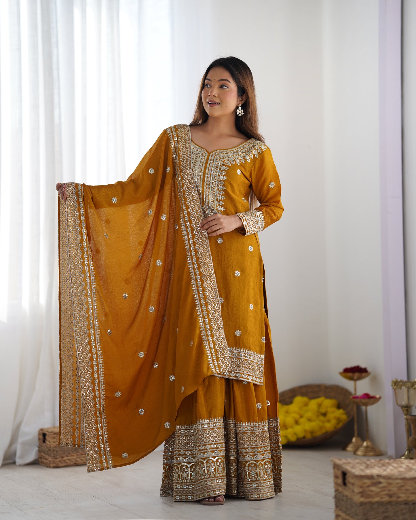 Magnificent Chinon Silk Sequins Embroidered Top Sharara Suit
