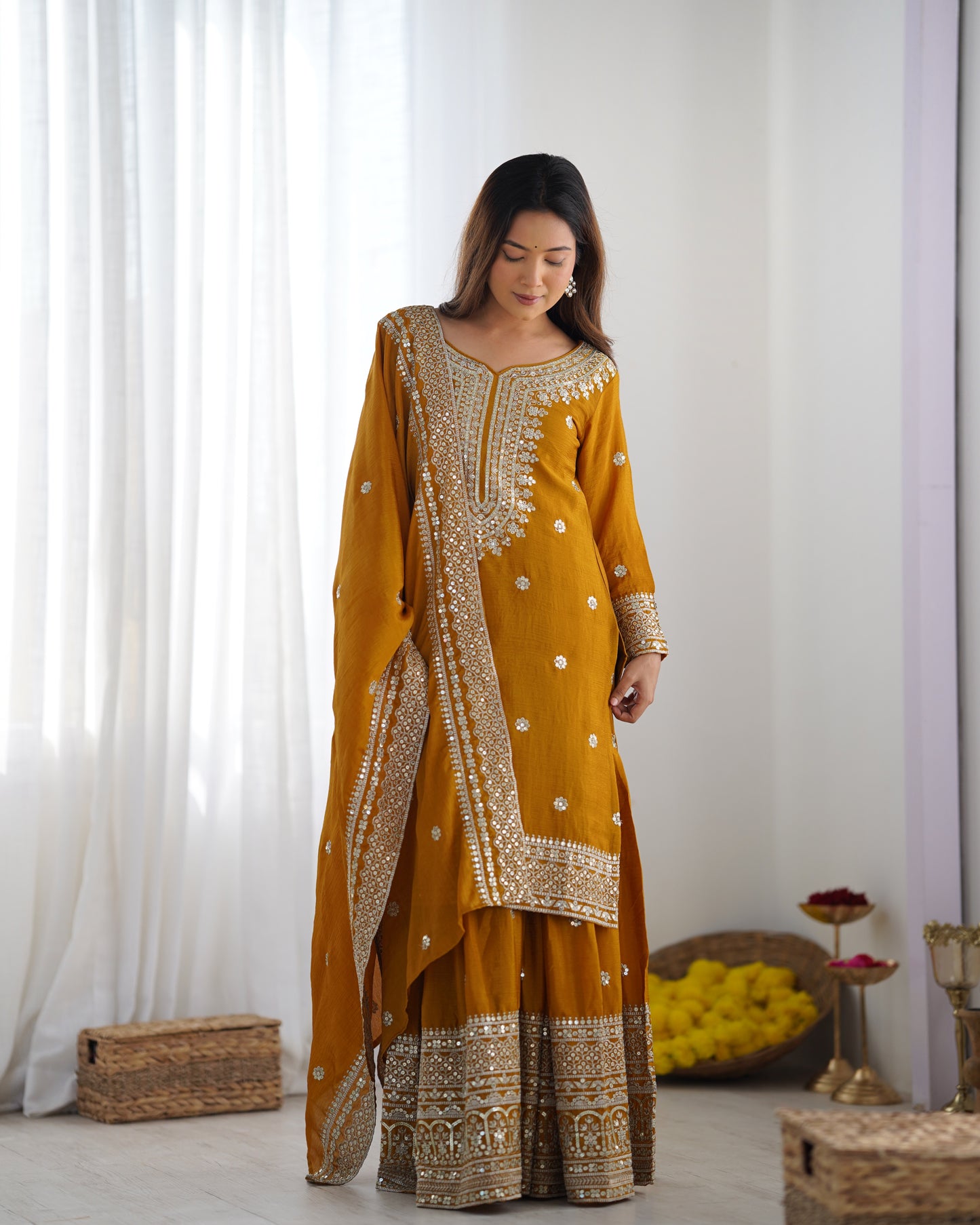Magnificent Chinon Silk Sequins Embroidered Top Sharara Suit