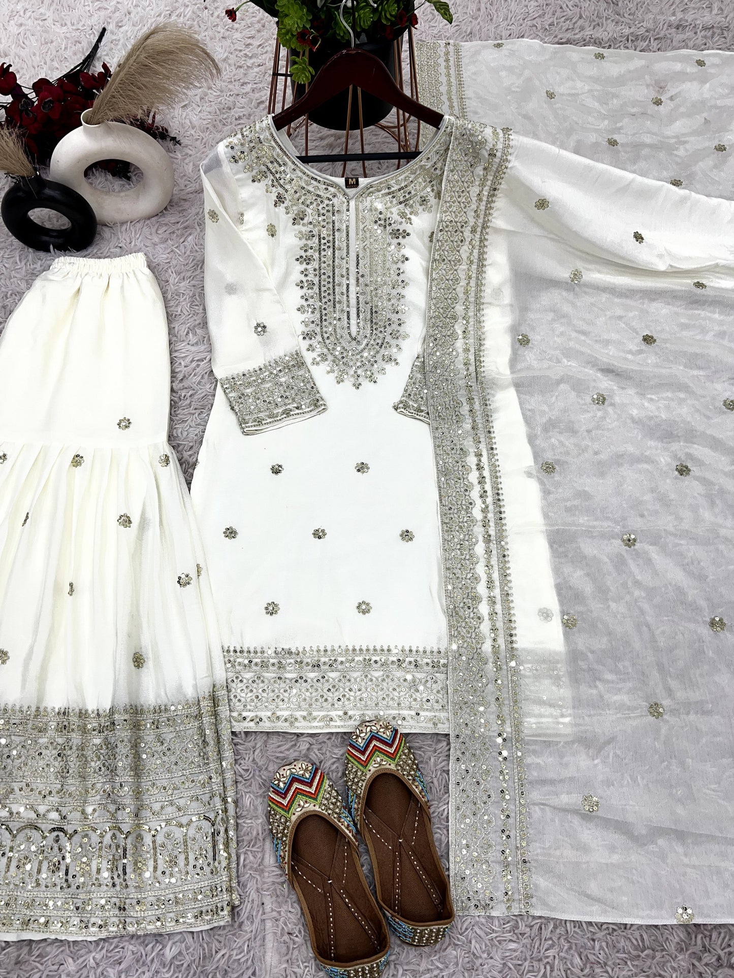 Magnificent Chinon Silk Sequins Embroidered Top Sharara Suit