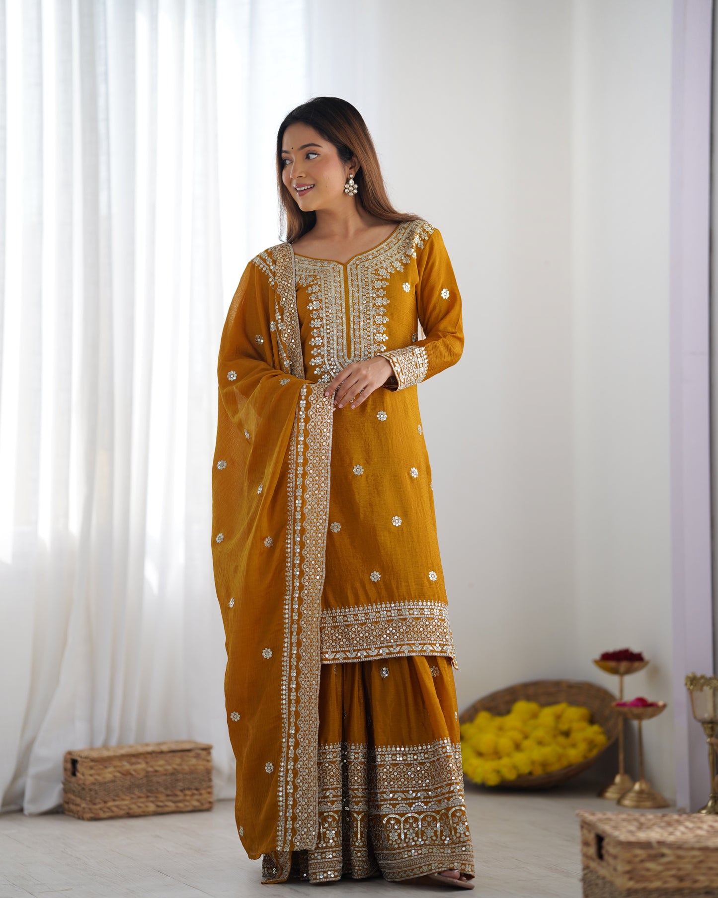 Magnificent Chinon Silk Sequins Embroidered Top Sharara Suit