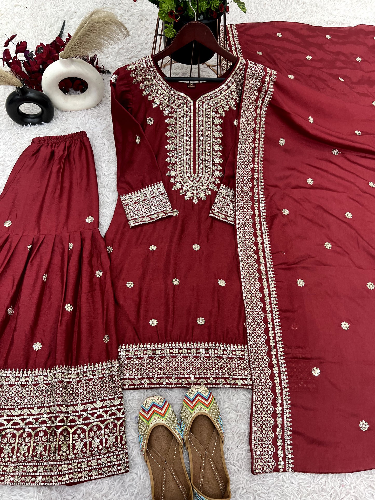 Magnificent Chinon Silk Sequins Embroidered Top Sharara Suit