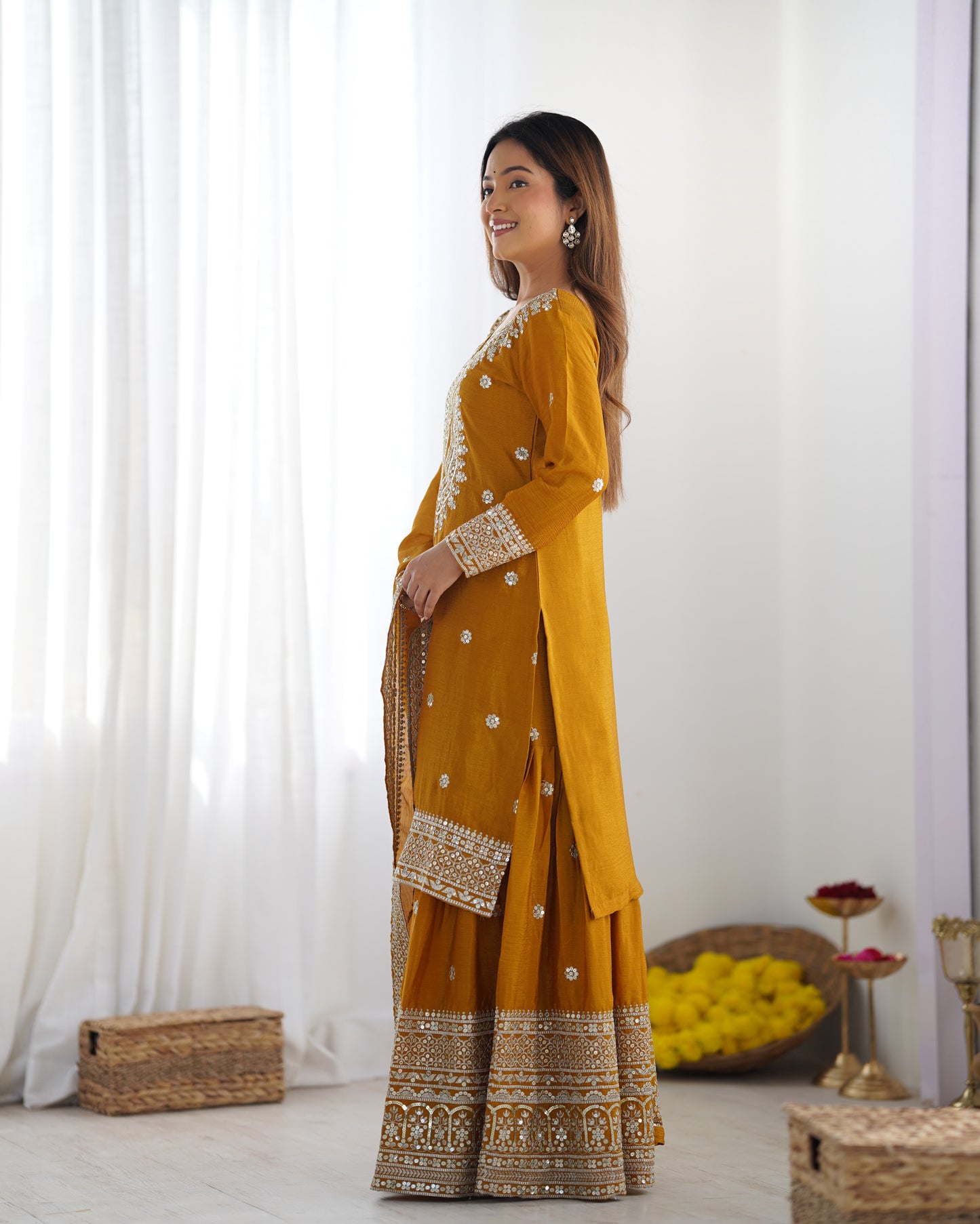 Magnificent Chinon Silk Sequins Embroidered Top Sharara Suit