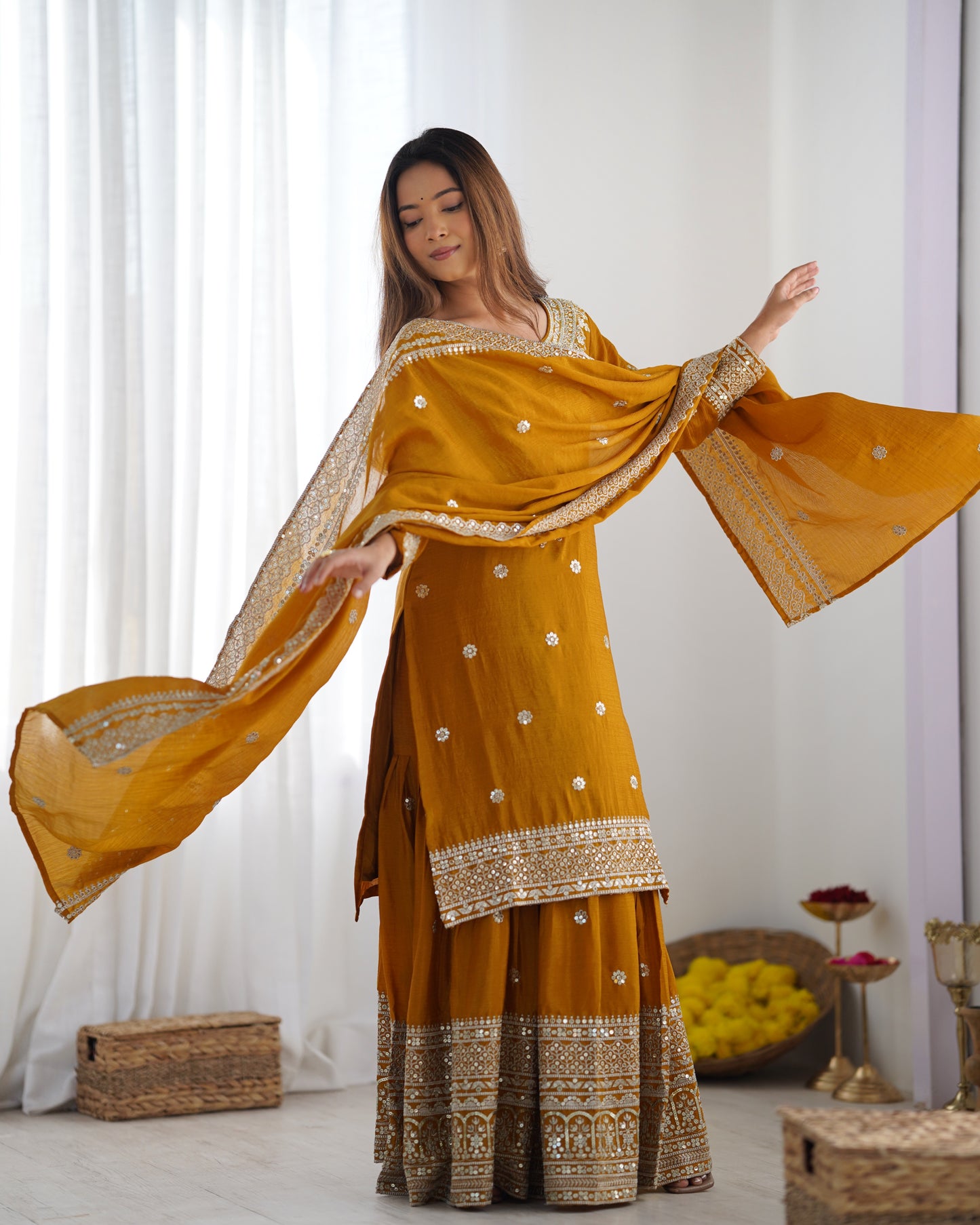 Magnificent Chinon Silk Sequins Embroidered Top Sharara Suit