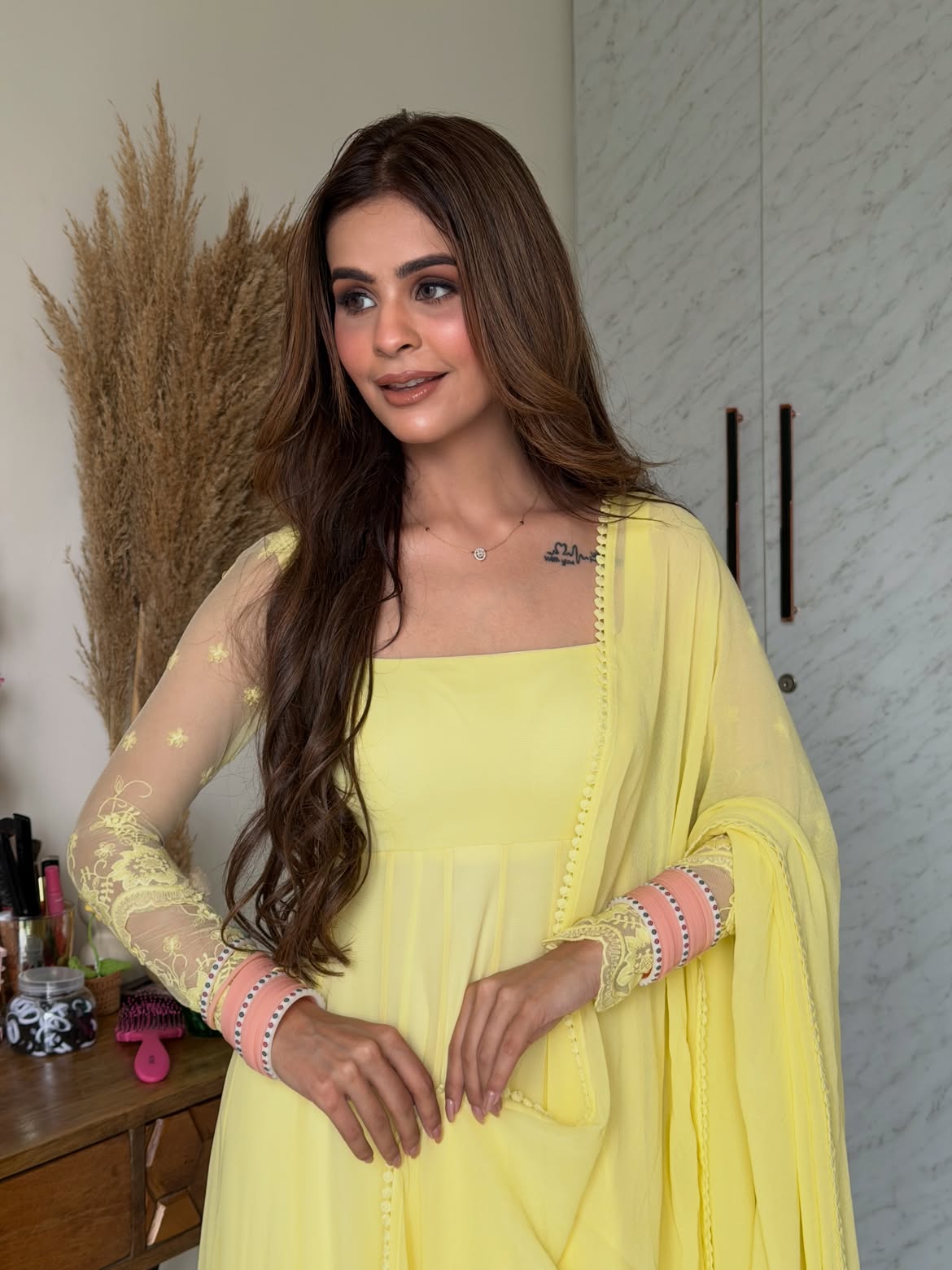 Pastel Yellow Anarkali Suit Set for Women | Viscose Georgette Embroidered 3-Piece Party & Festive Wear