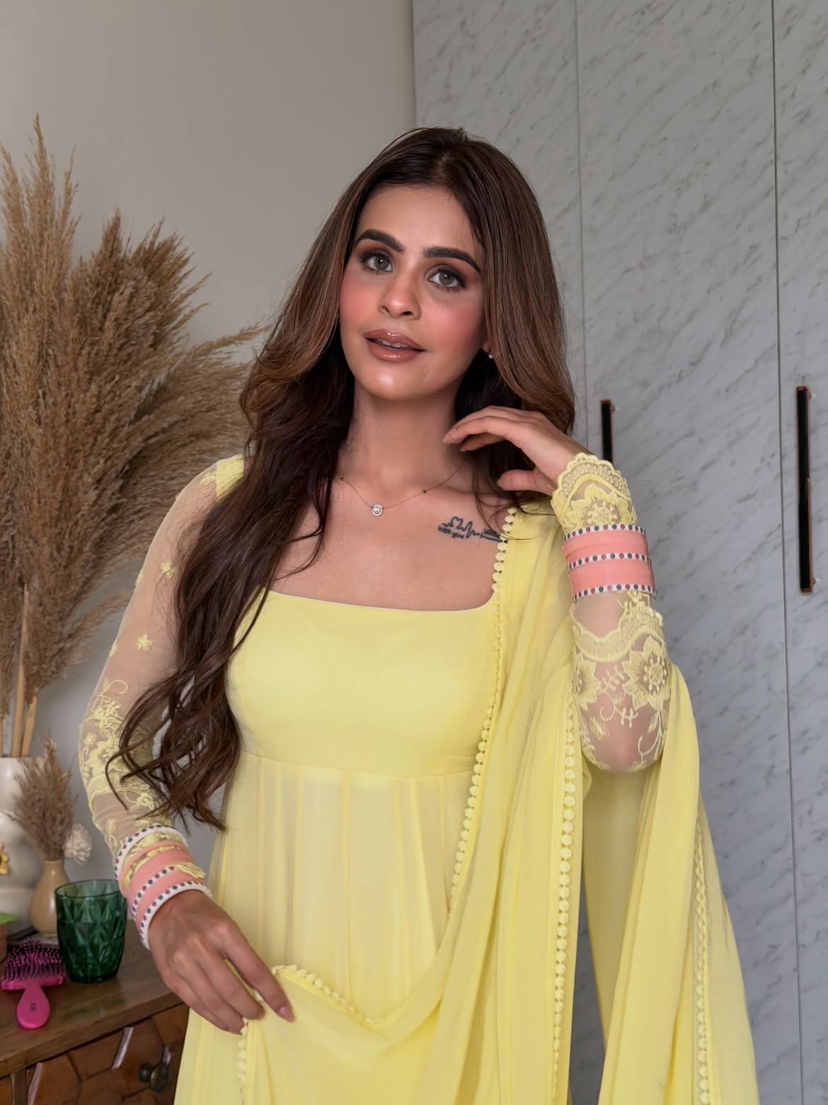 Pastel Yellow Anarkali Suit Set for Women | Viscose Georgette Embroidered 3-Piece Party & Festive Wear