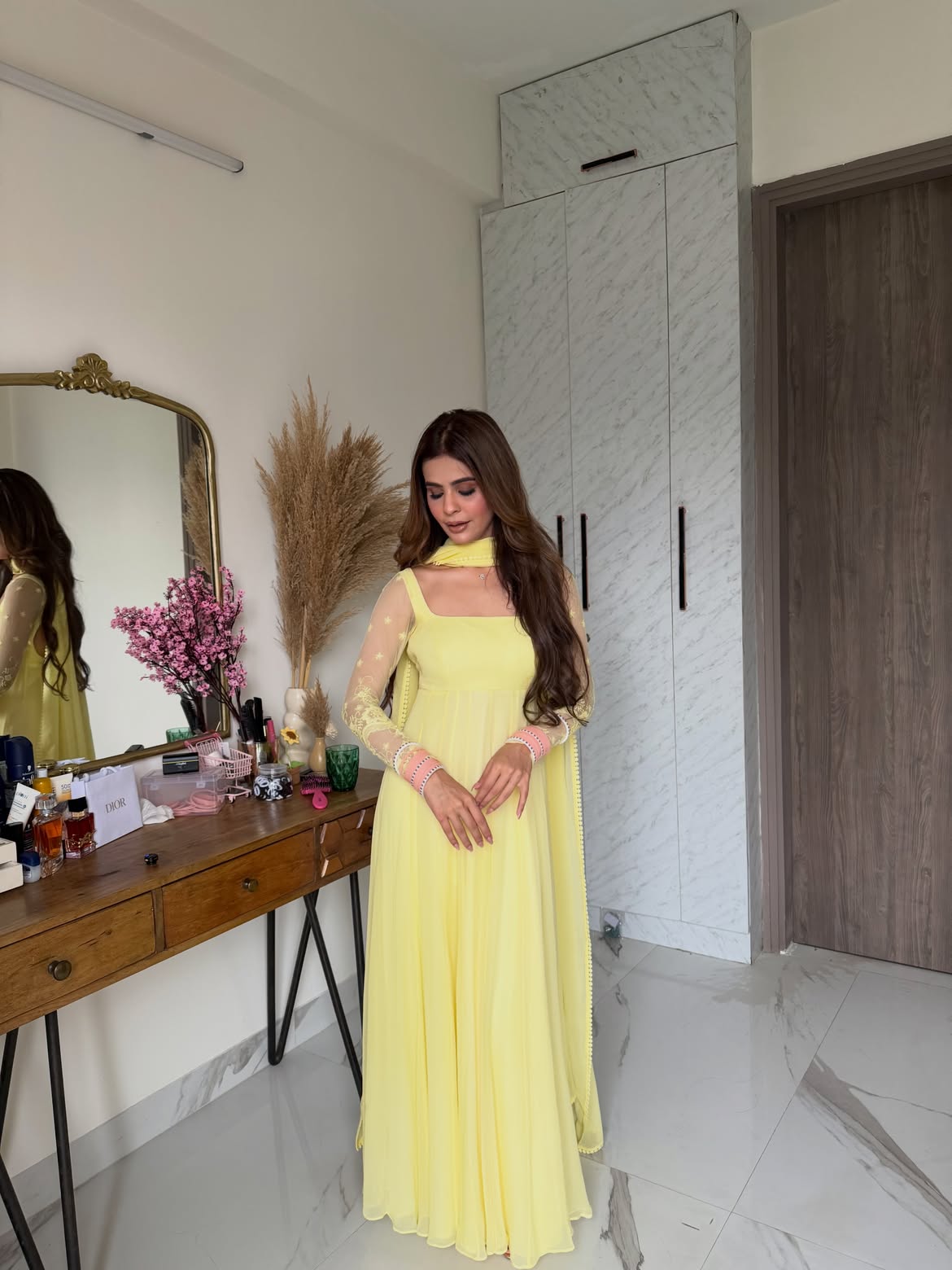 Pastel Yellow Anarkali Suit Set for Women | Viscose Georgette Embroidered 3-Piece Party & Festive Wear