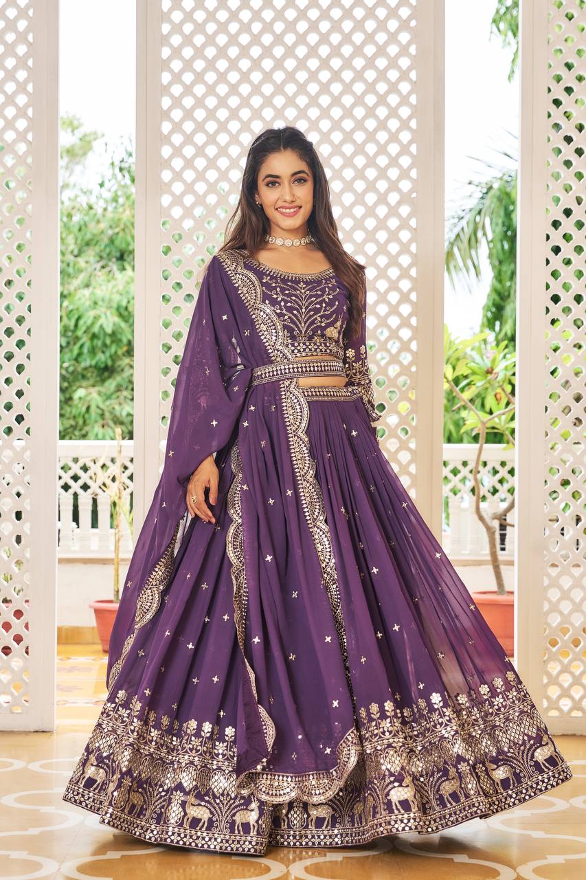Designer Faux Georgette Lehenga Choli With Sequins Embroidery & Belt