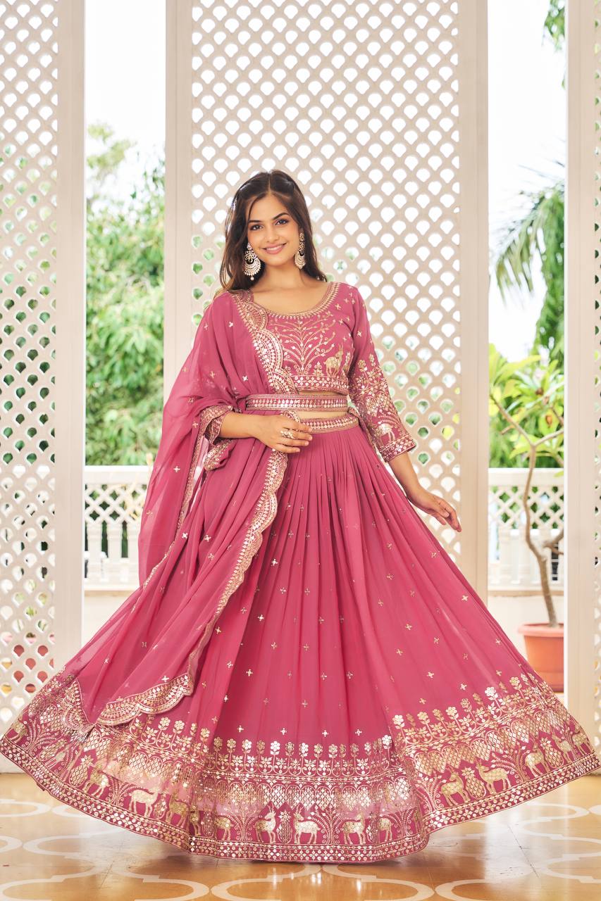 Designer Faux Georgette Lehenga Choli With Sequins Embroidery & Belt