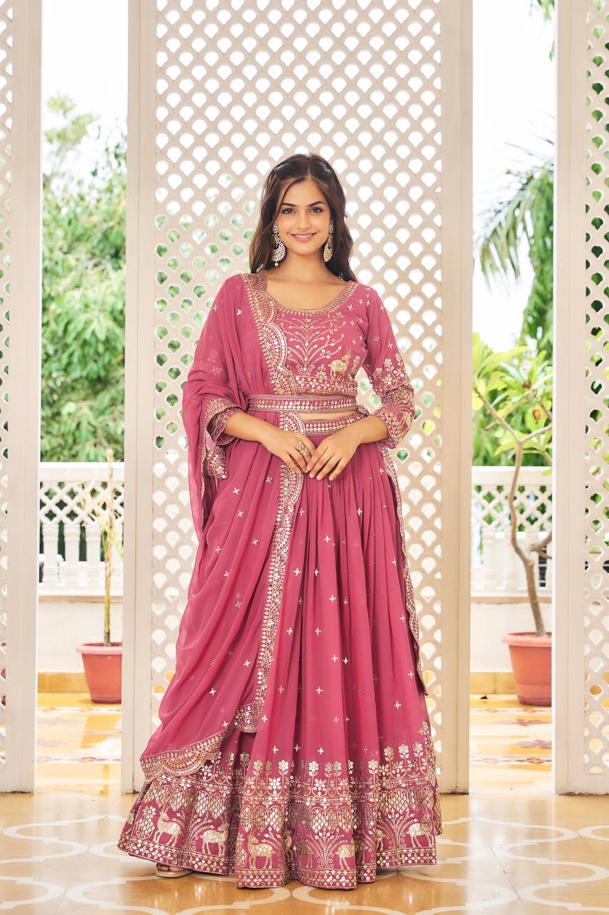 Designer Faux Georgette Lehenga Choli With Sequins Embroidery & Belt