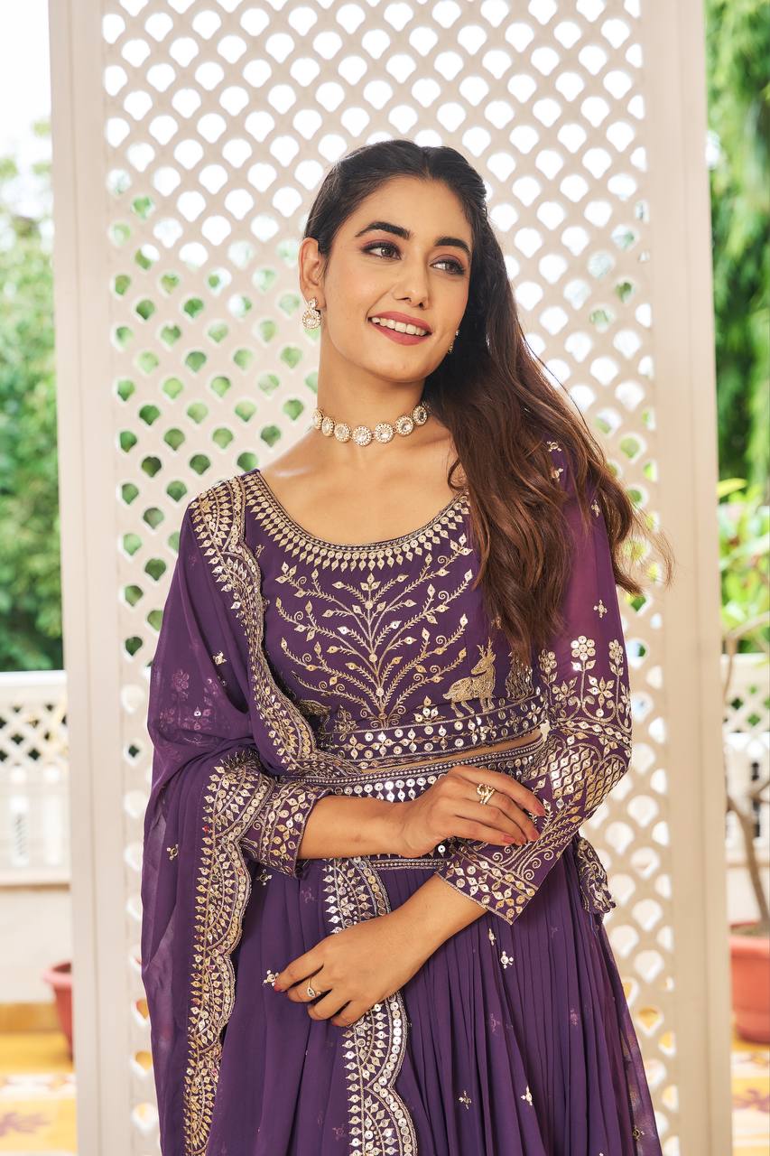 Designer Faux Georgette Lehenga Choli With Sequins Embroidery & Belt