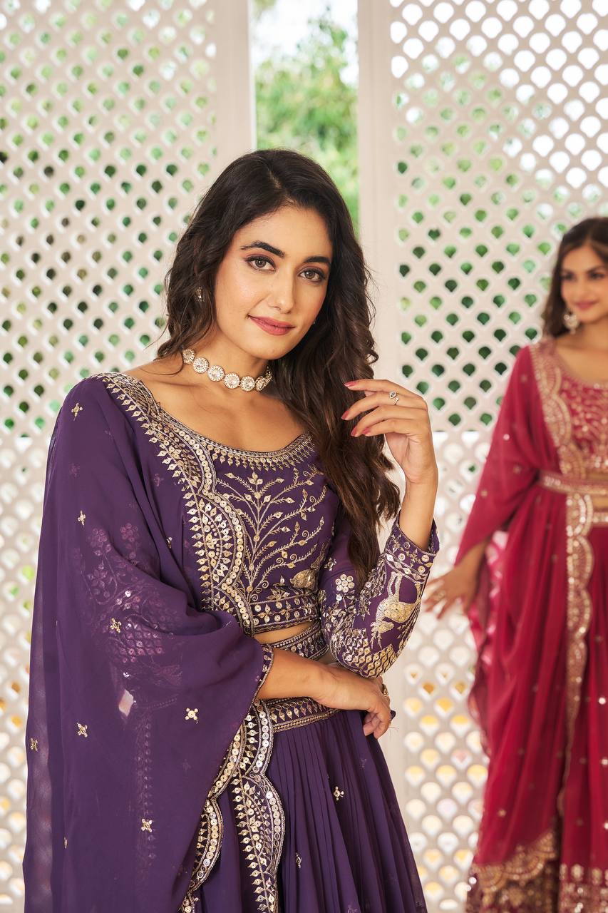 Designer Faux Georgette Lehenga Choli With Sequins Embroidery & Belt