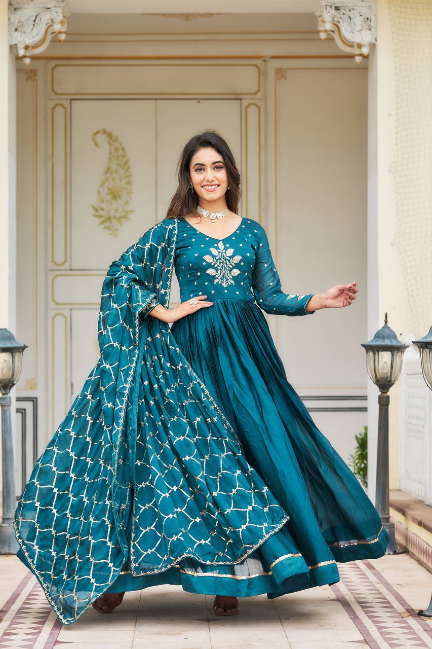 Elegant Pure Rangoli Gown Heavy Sequin Embroidery With Matching Dupatta