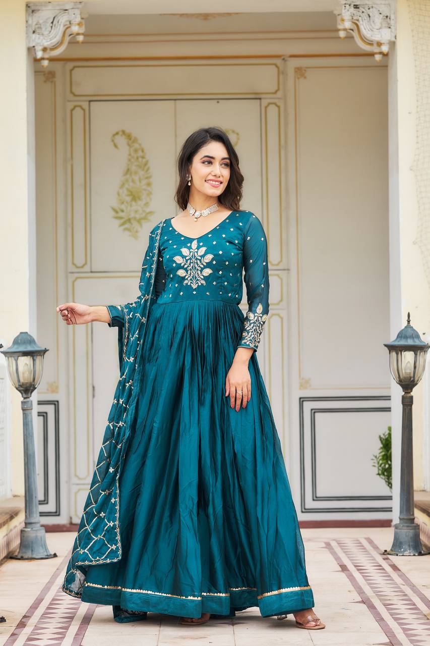 Elegant Pure Rangoli Gown Heavy Sequin Embroidery With Matching Dupatta