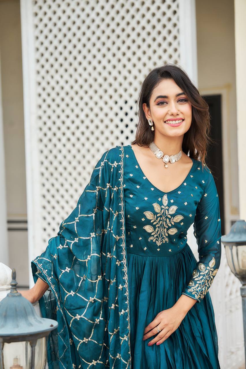 Elegant Pure Rangoli Gown Heavy Sequin Embroidery With Matching Dupatta