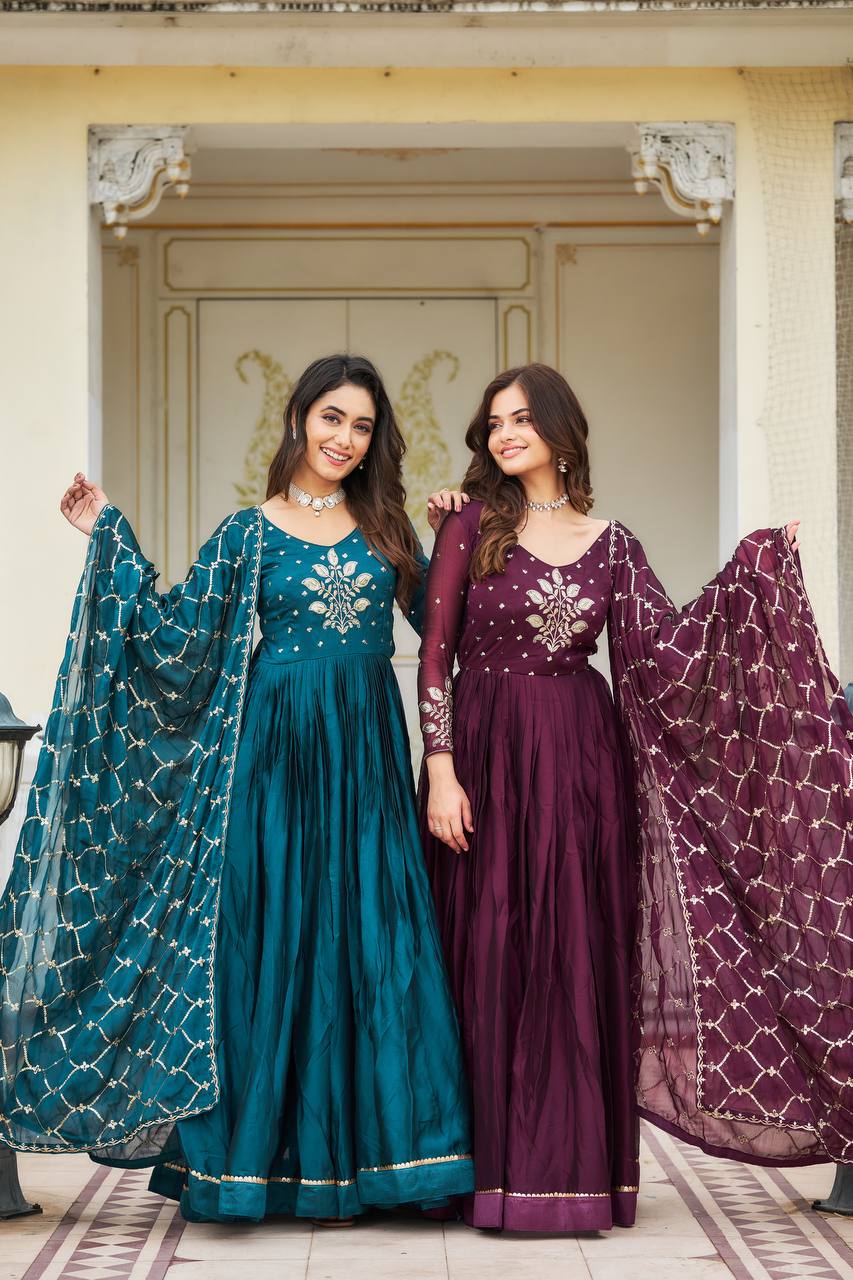 Elegant Pure Rangoli Gown Heavy Sequin Embroidery With Matching Dupatta