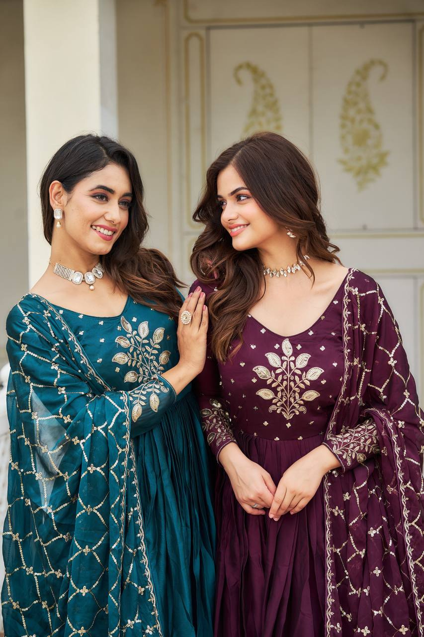 Elegant Pure Rangoli Gown Heavy Sequin Embroidery With Matching Dupatta