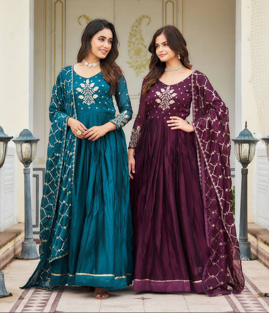 Elegant Pure Rangoli Gown Heavy Sequin Embroidery With Matching Dupatta