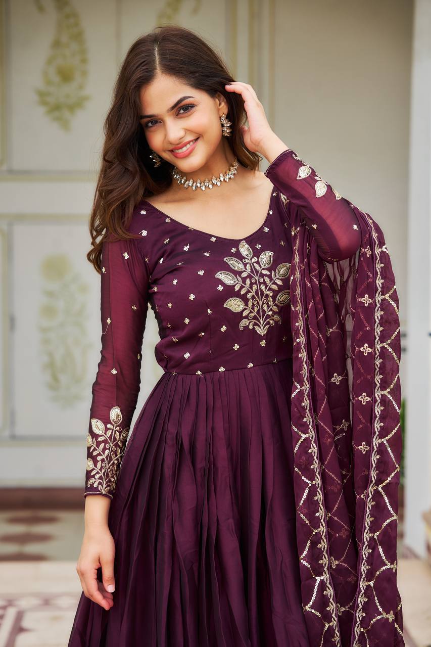Elegant Pure Rangoli Gown Heavy Sequin Embroidery With Matching Dupatta