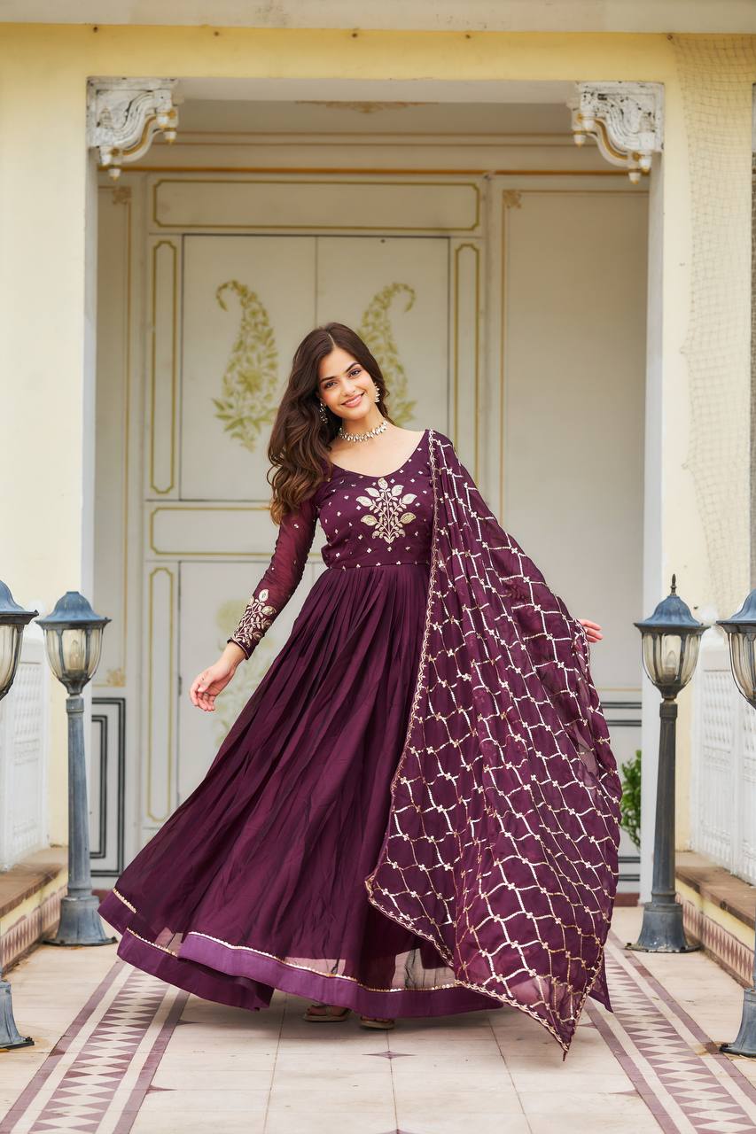 Elegant Pure Rangoli Gown Heavy Sequin Embroidery With Matching Dupatta