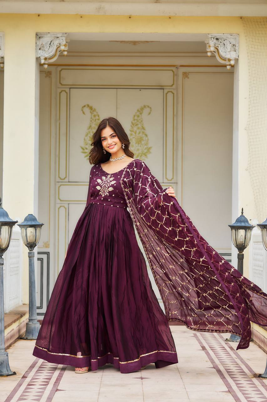 Elegant Pure Rangoli Gown Heavy Sequin Embroidery With Matching Dupatta