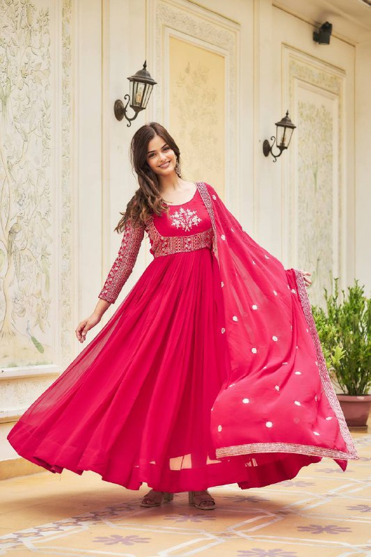 Magnificent Faux Georgette Sequins Worked Festival Long Gown & Duptta