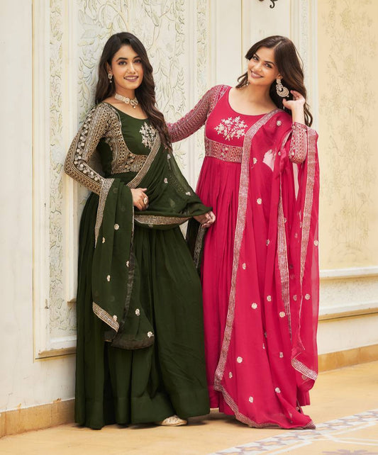 Magnificent Faux Georgette Sequins Worked Festival Long Gown & Duptta