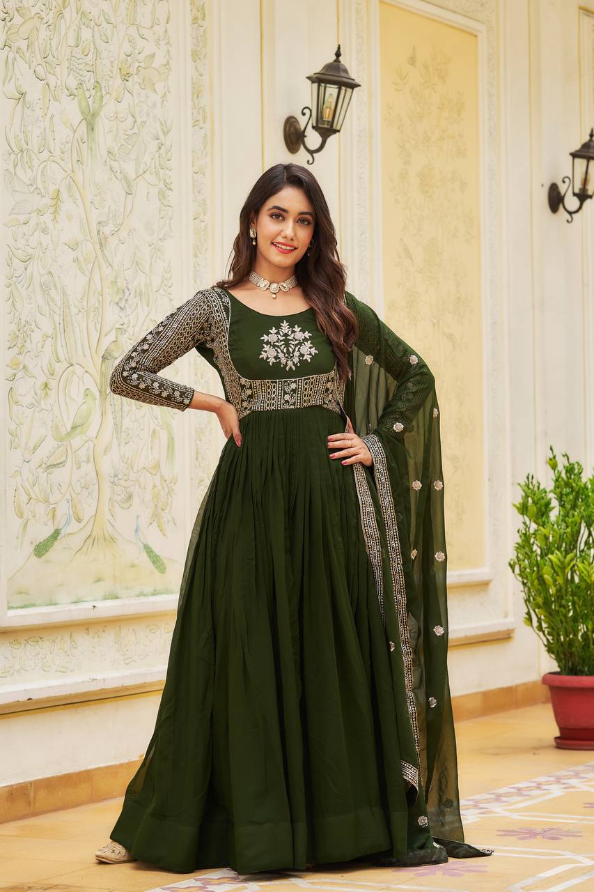 Magnificent Faux Georgette Sequins Worked Festival Long Gown & Duptta