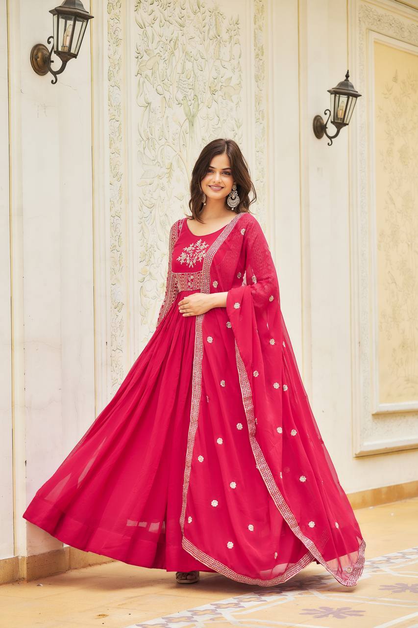 Magnificent Faux Georgette Sequins Worked Festival Long Gown & Duptta