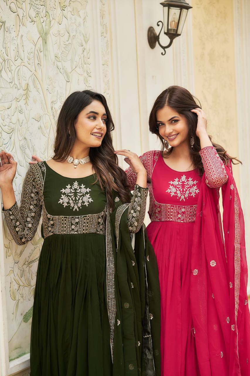 Magnificent Faux Georgette Sequins Worked Festival Long Gown & Duptta