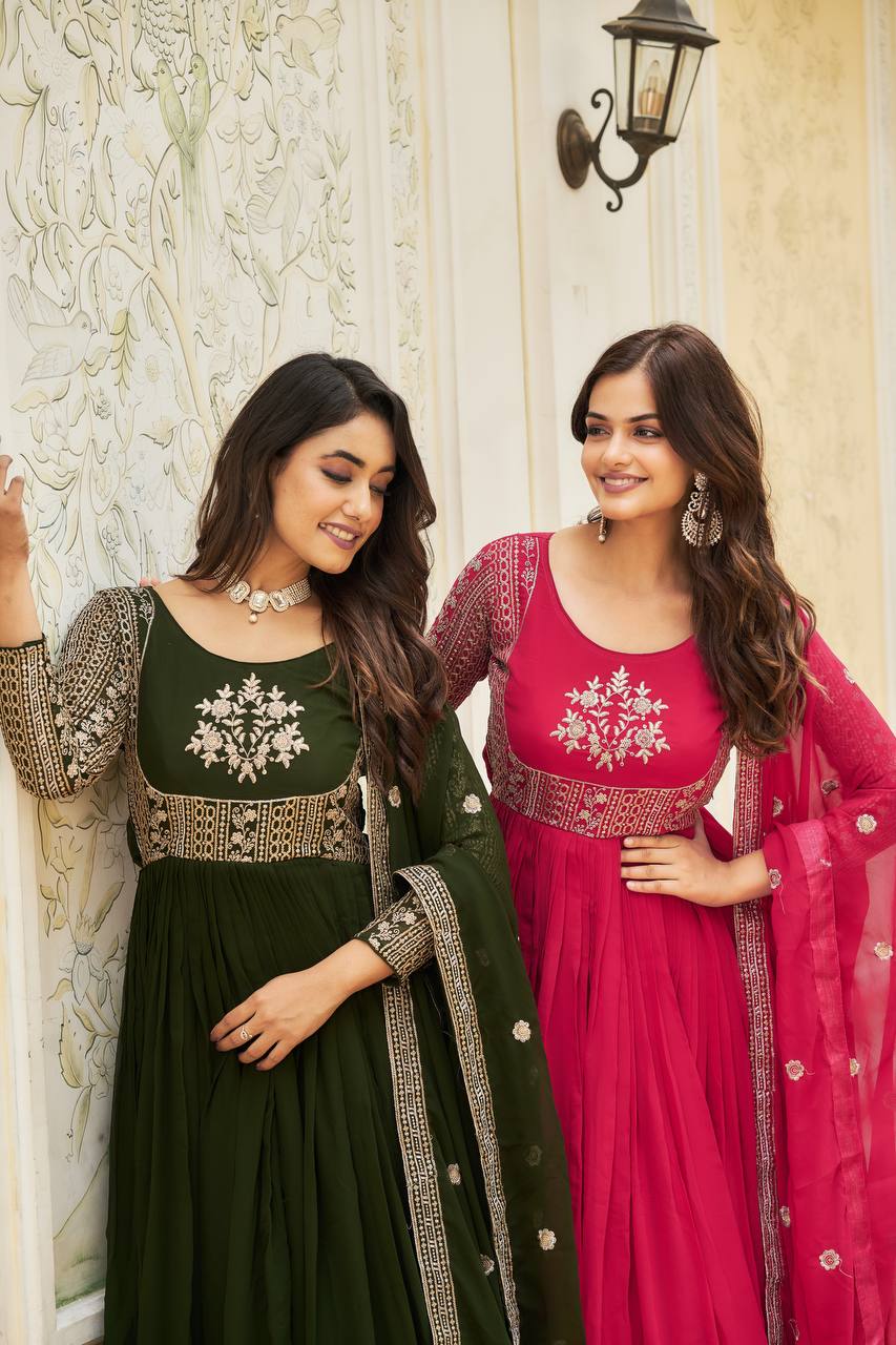 Magnificent Faux Georgette Sequins Worked Festival Long Gown & Duptta