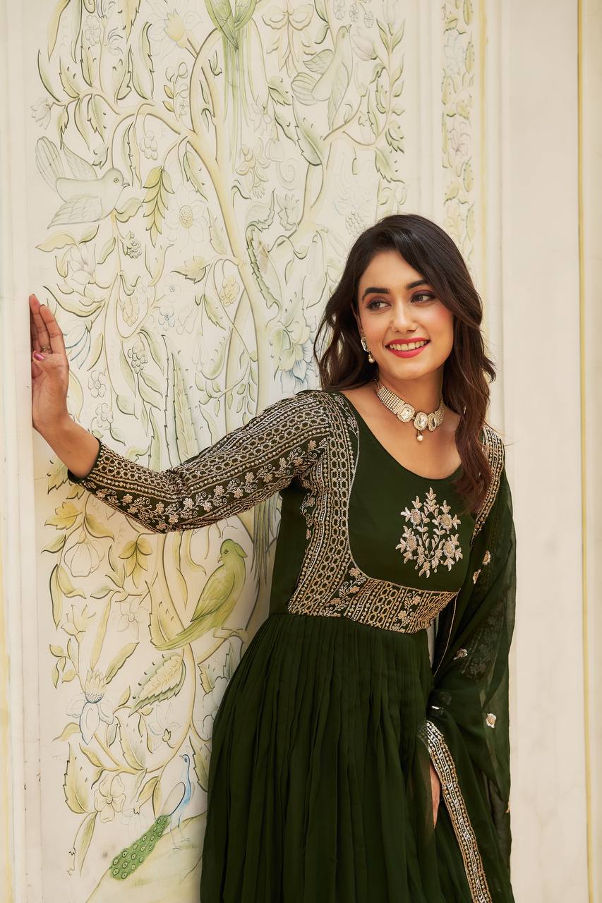 Magnificent Faux Georgette Sequins Worked Festival Long Gown & Duptta