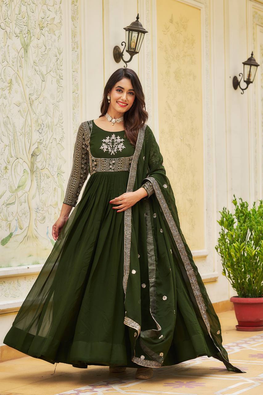 Magnificent Faux Georgette Sequins Worked Festival Long Gown & Duptta