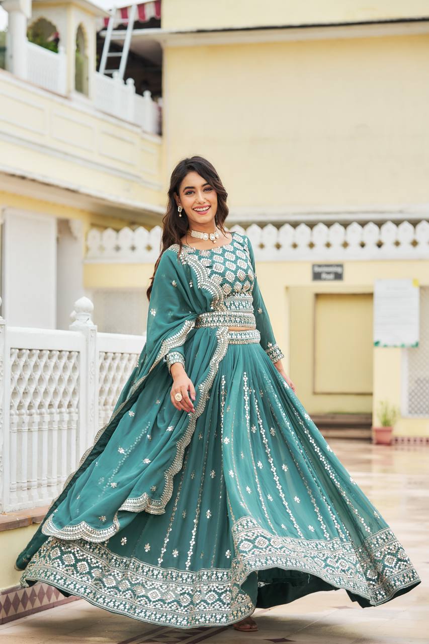 Designer Faux Georgette Lehenga Choli With 7mm Sequin Embroidery and Belt