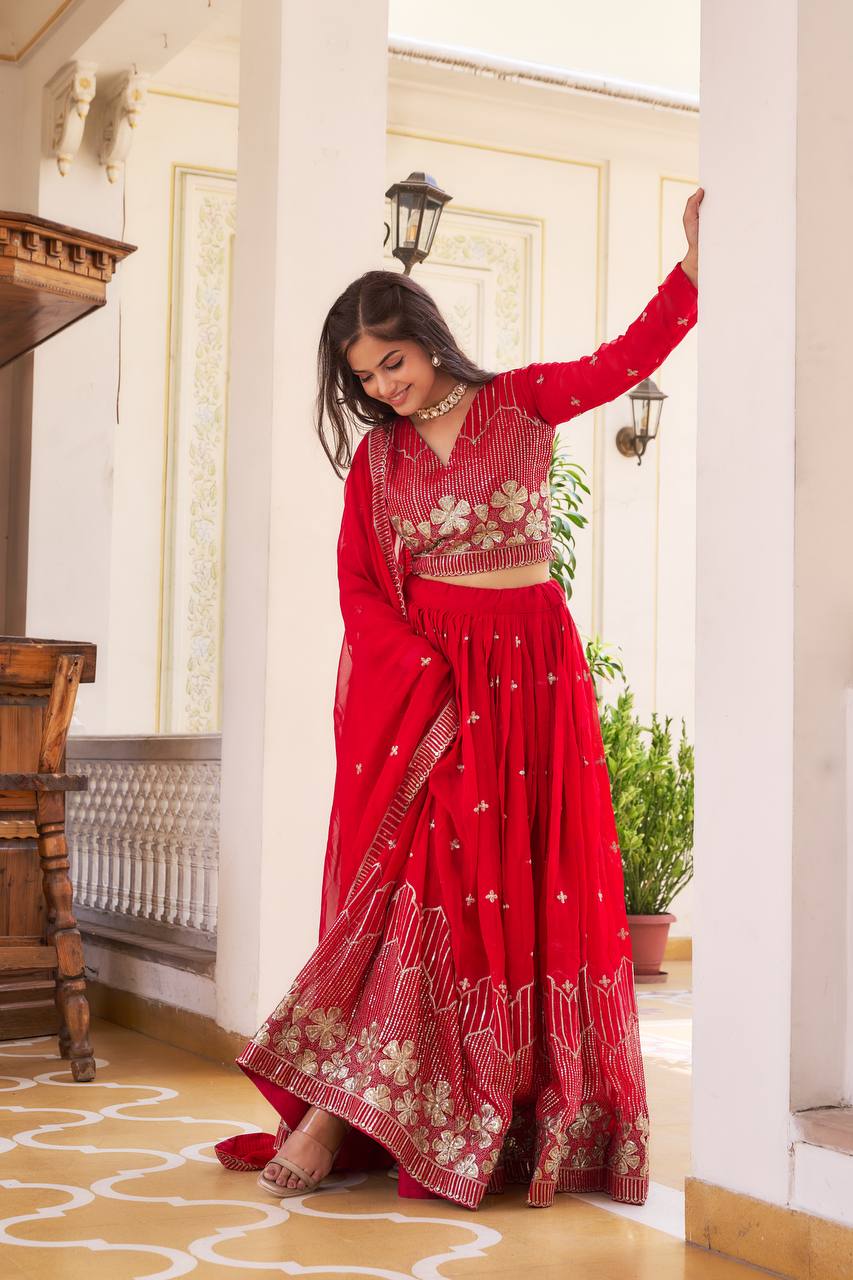 Elegant Faux Georgette Embroidered Lehenga Choli With Matching Dupatta