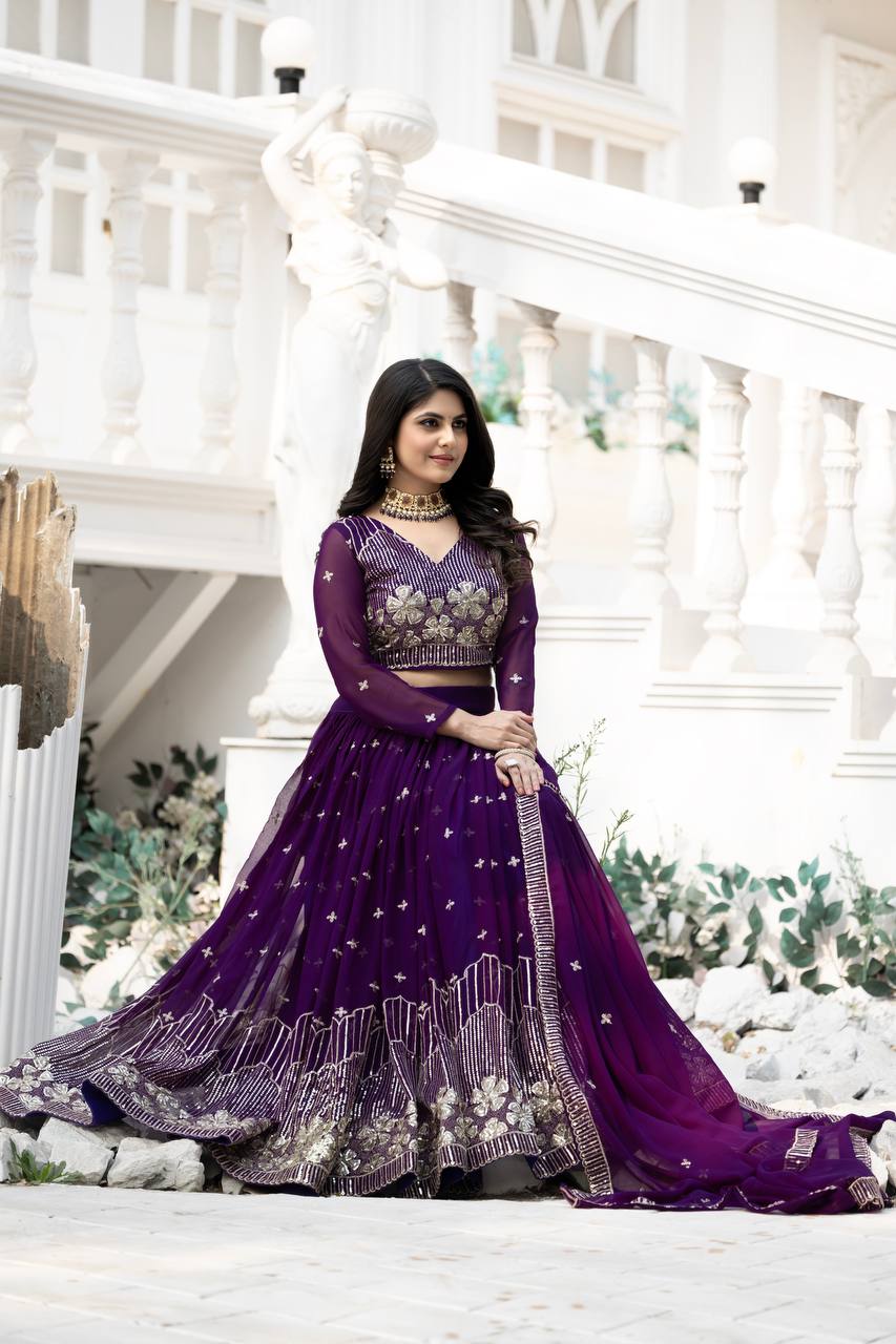 Elegant Faux Georgette Embroidered Lehenga Choli With Matching Dupatta