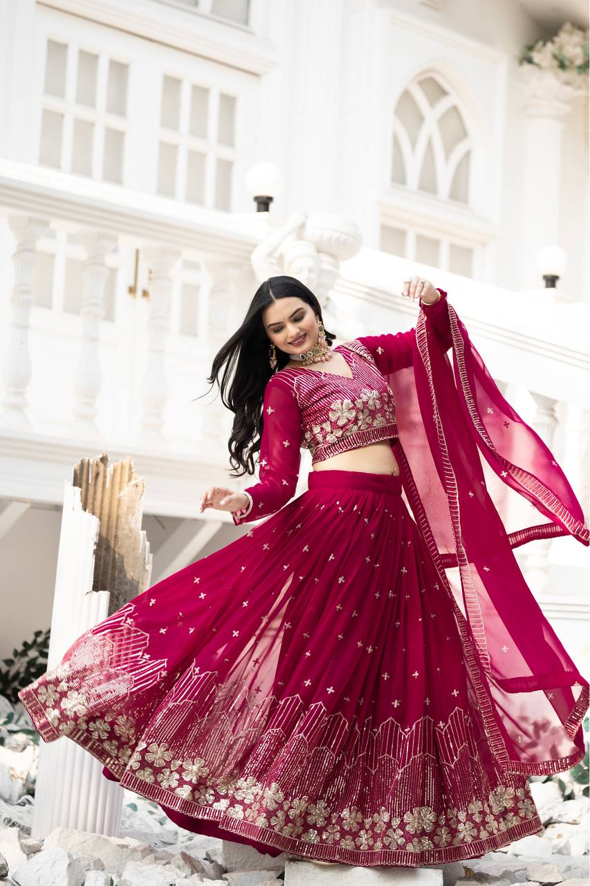 Elegant Faux Georgette Embroidered Lehenga Choli With Matching Dupatta