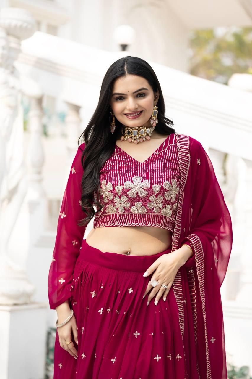 Elegant Faux Georgette Embroidered Lehenga Choli With Matching Dupatta