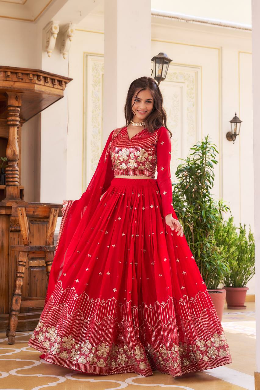 Elegant Faux Georgette Embroidered Lehenga Choli With Matching Dupatta