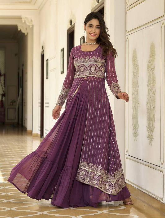 Designer Faux Georgette Lehenga Choli With Attached Embroidered Shrug