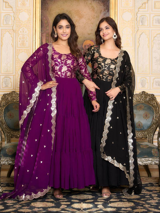 Elegant Faux Georgette Gown Pure Jacquard Work With Matching Dupatta